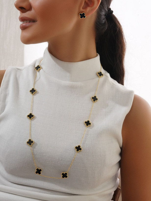 نیمست زنانه گوشواره و گردنبند رولباسی ونکلیف با زنجیر استیل و آبکاری طلای ۱۸ عیار