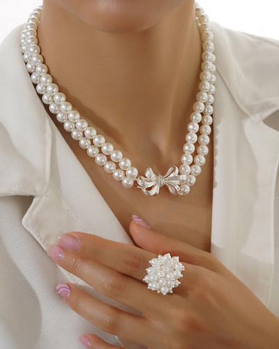 ست زنانه گردنبند و انگشتر مرواریدی طرح طلا نانو رنگ ثابت