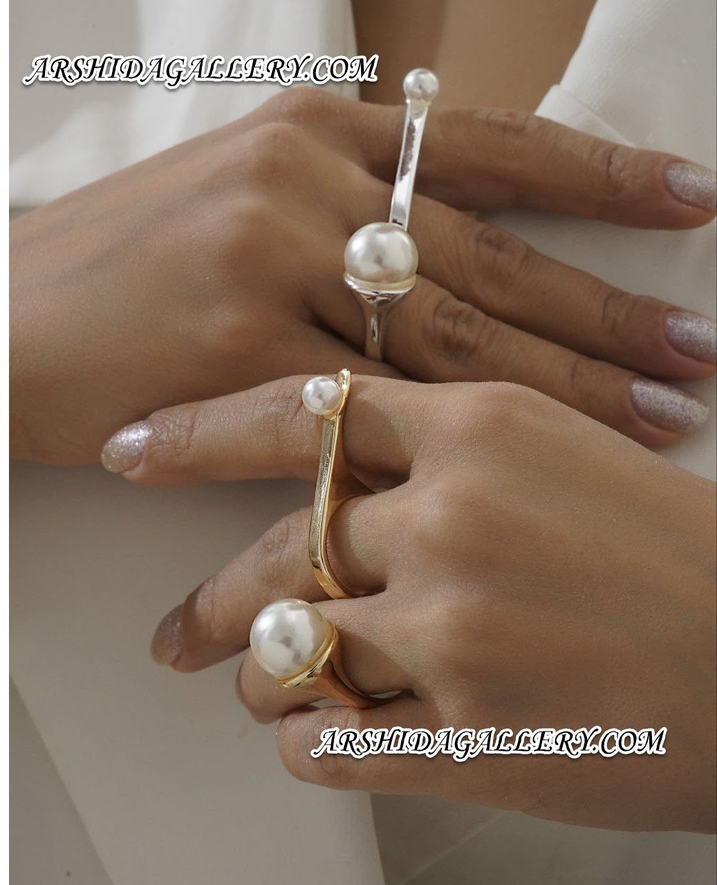 انگشتر مرواریدی با آبکاری طلا 18 عیار و نقره، مدل دو انگشته، فری سایز، پوشش نانو