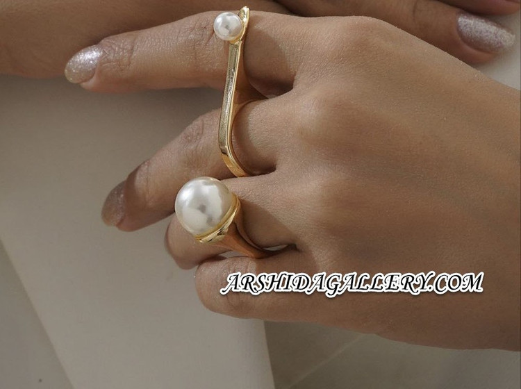 انگشتر مرواریدی با آبکاری طلا 18 عیار و نقره، مدل دو انگشته، فری سایز، پوشش نانو