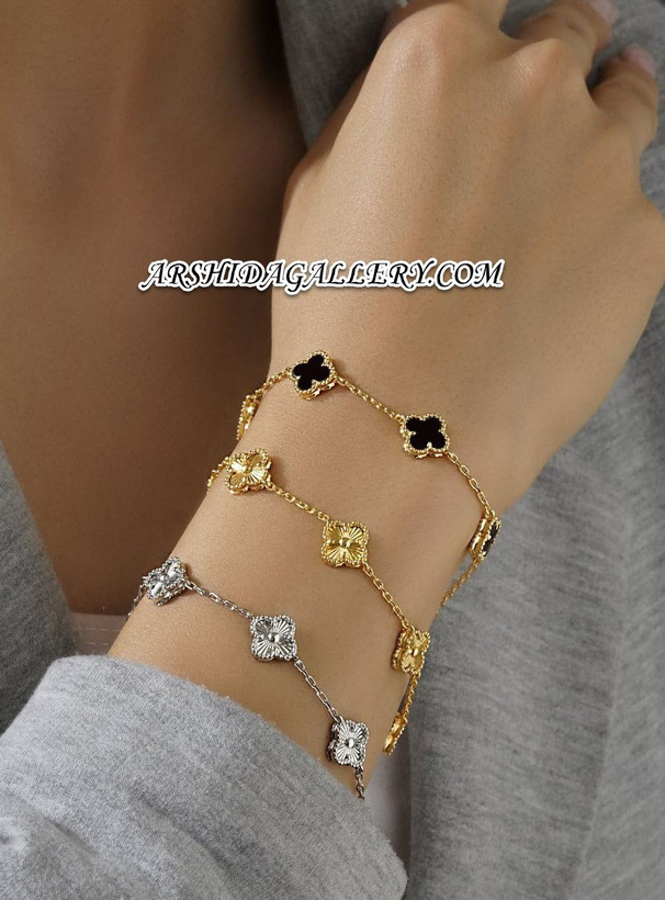 دستبند مسترکوالیتی تراش دار ونکلیف با کلاورهای دورو، آبکاری رادیوم و طلای ۱۸ عیار