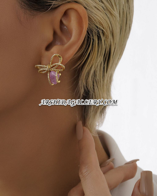 گوشواره طرح جواهر گره پاپیونی با سنگهای رنگی و نگین های زیرکونیا آبکاری طلای ۱۸ عیار