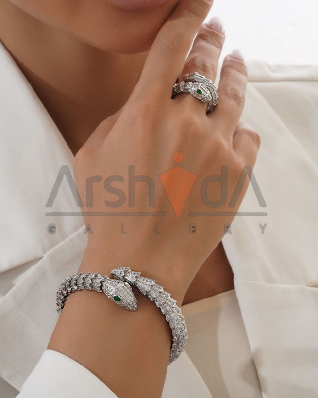 ست زنانه دستبند و انگشتر مار بولگاری با آبکاری رادیوم