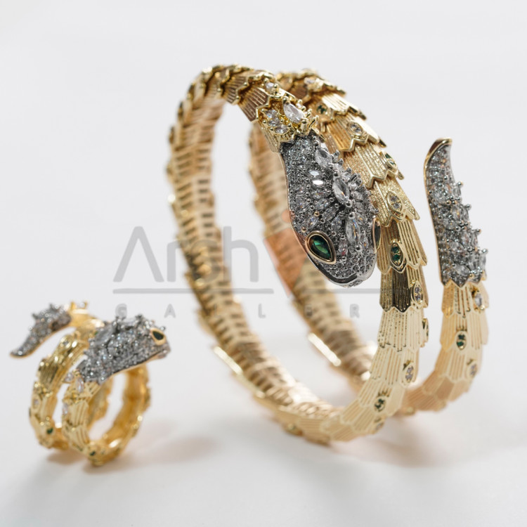 دستبند و انگشتر زنانه مار بولگاری دو لاین با نگینهای زیرکونیوم و آبکاری طلای 18 عیار و رادیوم