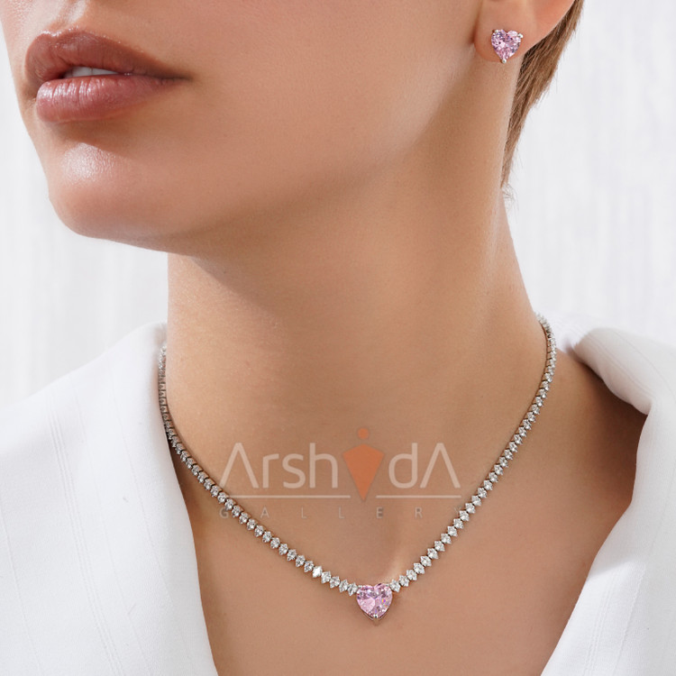 نیمست طرح جواهر رنگی قلبی با آبکاری رادیوم و نگینهای زیرکونیوم