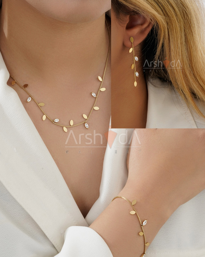 ست گردنبند، دستبند و گوشواره برگ نگیندار استیل با آبکاری طلای ۱۸ عیار