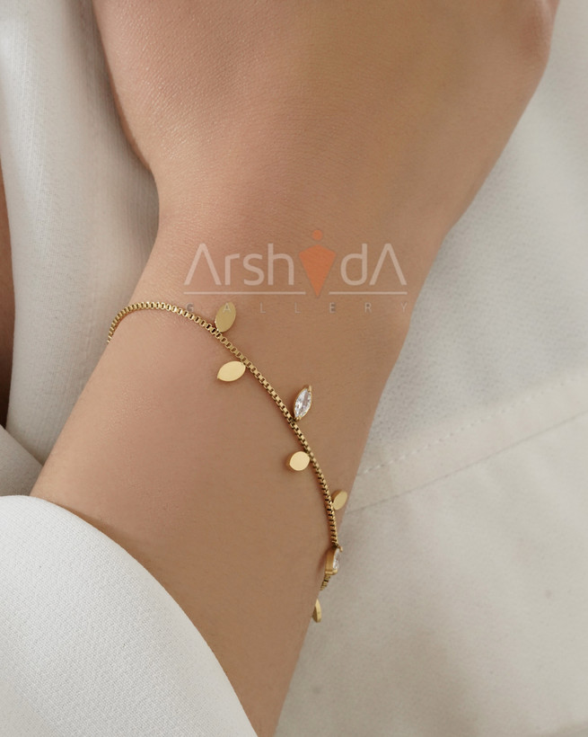 ست گردنبند، دستبند و گوشواره برگ نگیندار استیل با آبکاری طلای ۱۸ عیار