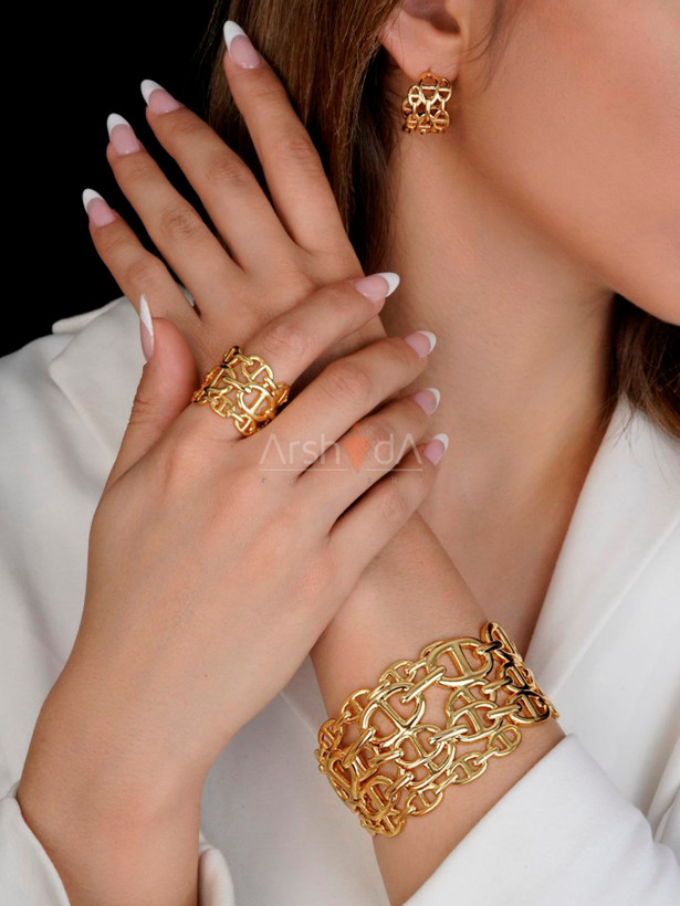 ست دستبند، انگشتر و گوشواره هرمس با آبکاری طلا و رادیوم