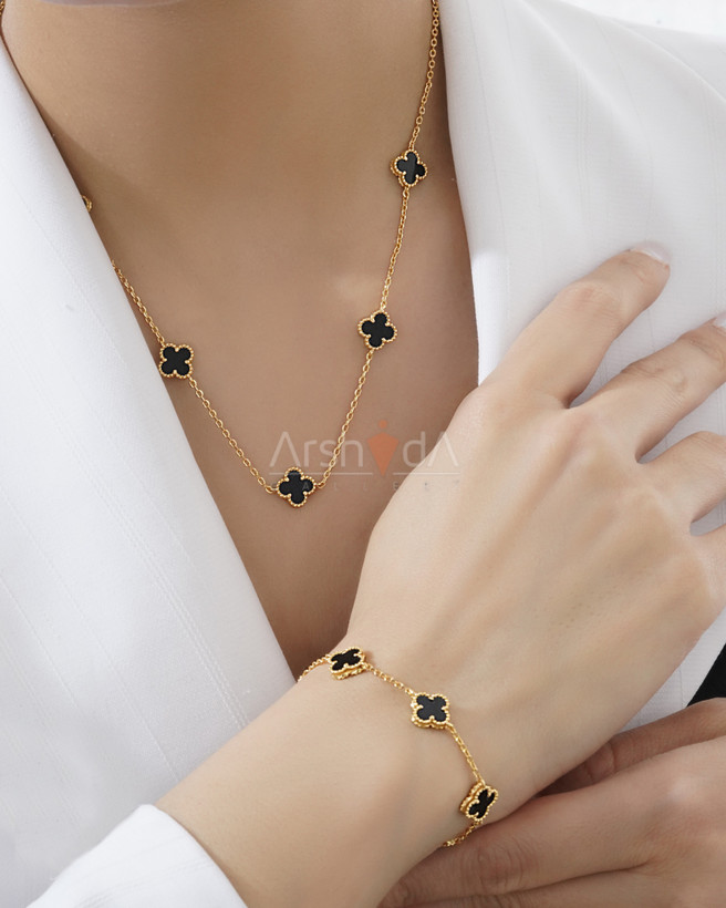 ست گردنبند و دستبند مسترکوالیتی ونکلیف با کلاورهای دورو ریز و درشت با سنگ طبیعی مشکی انیکس