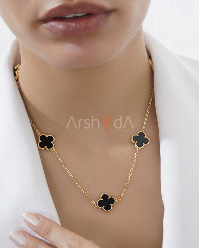 ست گردنبند و دستبند مسترکوالیتی ونکلیف با کلاورهای دورو ریز و درشت با سنگ طبیعی مشکی انیکس