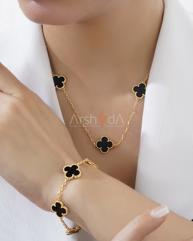 ست گردنبند و دستبند مسترکوالیتی ونکلیف با کلاورهای دورو ریز و درشت با سنگ طبیعی مشکی انیکس