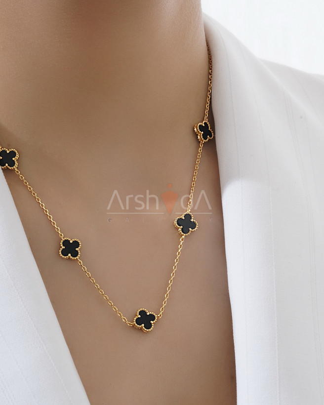ست گردنبند و دستبند مسترکوالیتی ونکلیف با کلاورهای دورو ریز و درشت با سنگ طبیعی مشکی انیکس
