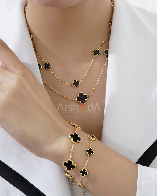 ست گردنبند و دستبند مسترکوالیتی ونکلیف با کلاورهای دورو ریز و درشت با سنگ طبیعی مشکی انیکس