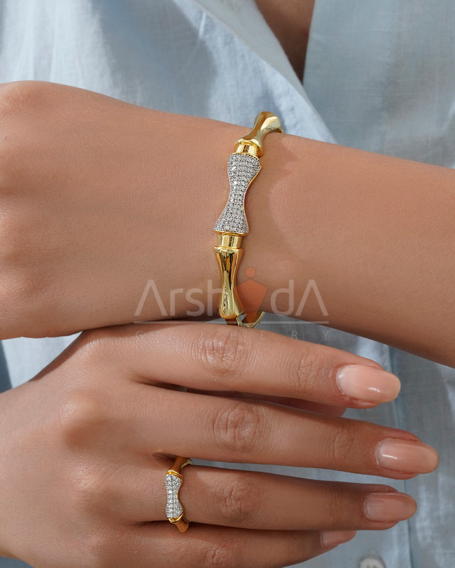 ست زنانه دستبند و انگشتر بامبو با آبکاری طلا و رادیوم و انگشتر فری سایز