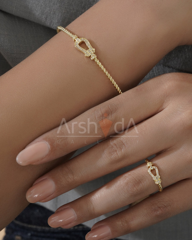 ست دستبند و انگشتر فرد طلایی آبکاری 18 عیار و رادیوم با طراحی خاص و رنگ ثابت