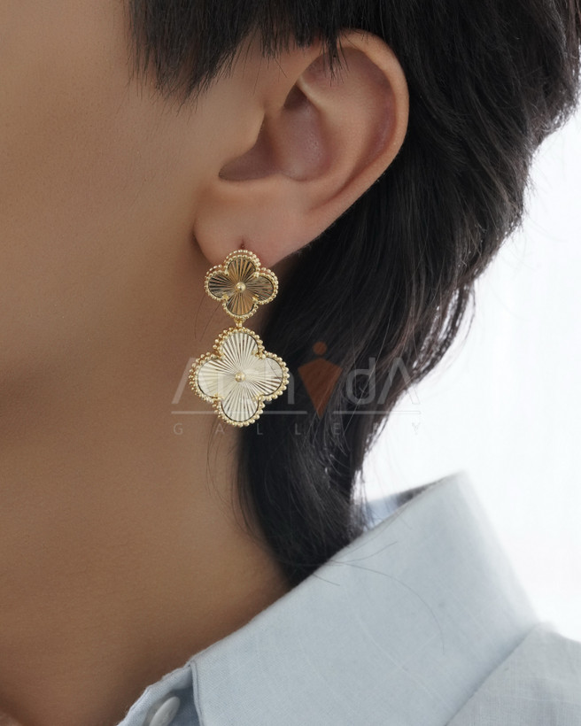 گوشواره زنانه دوگل ونکلیف با سنگ طبیعی رنگی و تراش آبکاری طلا و رادیوم