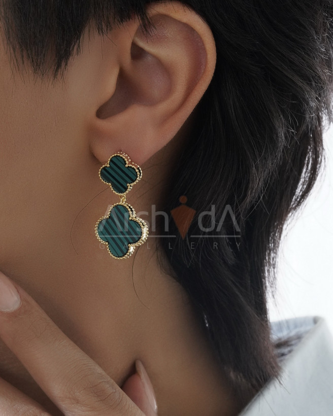 گوشواره زنانه دوگل ونکلیف با سنگ طبیعی رنگی و تراش آبکاری طلا و رادیوم