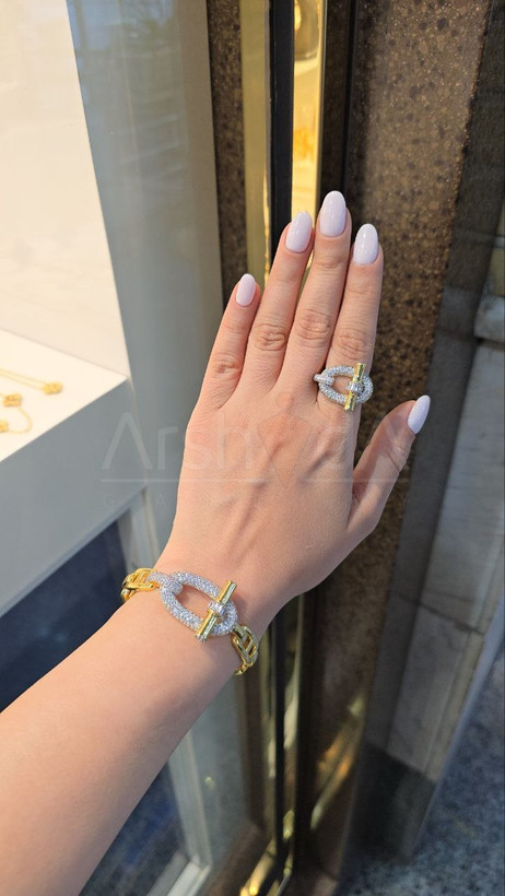 ست زنانه دستبند و انگشتر هرمس با آبکاری طلا 18 عیار و رادیوم، نگینهای زیرکونیا