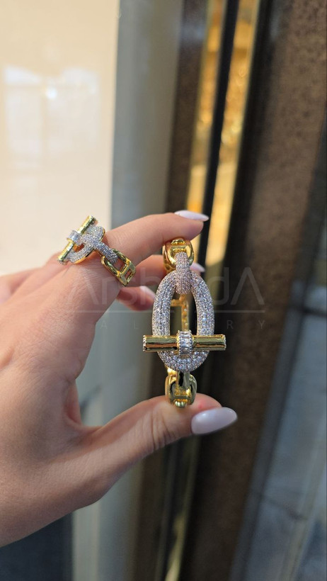 ست زنانه دستبند و انگشتر هرمس با آبکاری طلا 18 عیار و رادیوم، نگینهای زیرکونیا