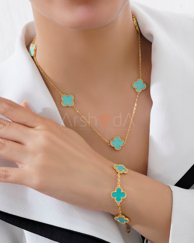 ست گردنبند و دستبند مسترکوالیتی ونکلیف فیروزه با آبکاری طلای ۱۸ عیار