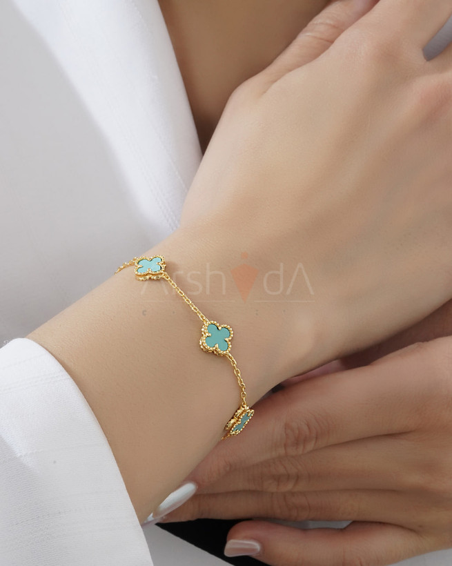 ست گردنبند و دستبند مسترکوالیتی ونکلیف فیروزه با آبکاری طلای ۱۸ عیار