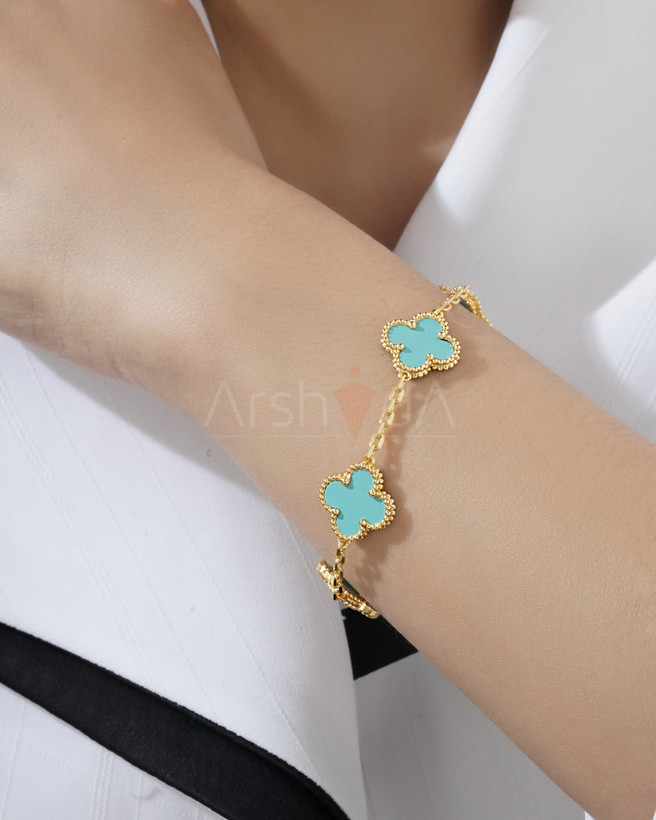 ست گردنبند و دستبند مسترکوالیتی ونکلیف فیروزه با آبکاری طلای ۱۸ عیار