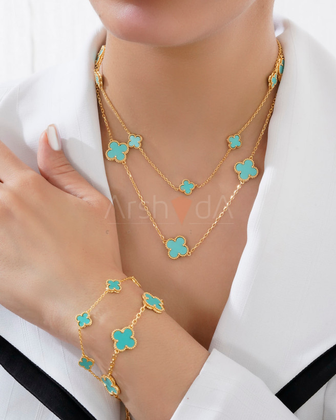 ست گردنبند و دستبند مسترکوالیتی ونکلیف فیروزه با آبکاری طلای ۱۸ عیار