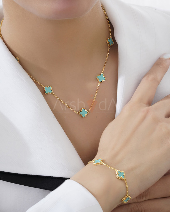 ست گردنبند و دستبند مسترکوالیتی ونکلیف فیروزه با آبکاری طلای ۱۸ عیار