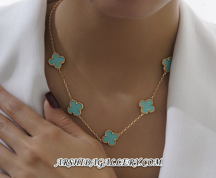 ست گردنبند و دستبند مسترکوالیتی ونکلیف با کلاور درشت فیروزه اصل و آبکاری طلای ۱۸ عیار
