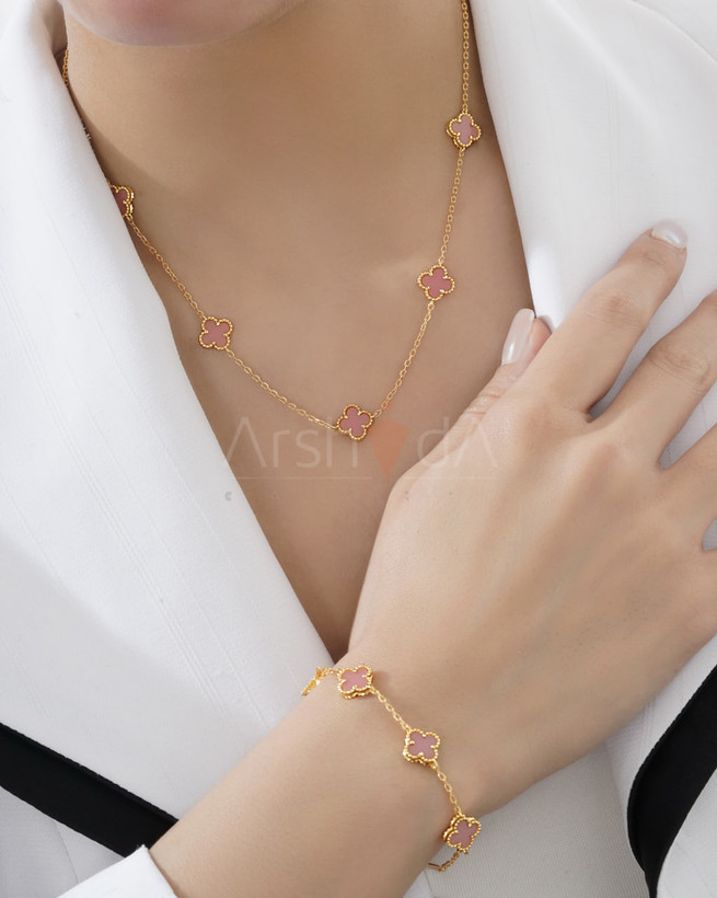 ست زنانه ونکلیف مدل Alhambra با سنگ صدفی صورتی و آبکاری طلای ۱۸ عیار مسترکوالیتی