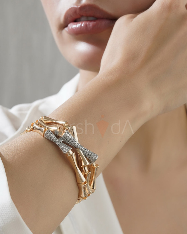 کالکشن انگشتر و دستبند زنانه بامبو با آبکاری طلای ۱۸ عیار - رنگ شامپاینی