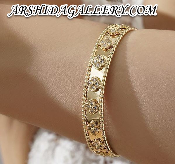 دستبند زنانه آینه‌ای ونکلیف با نگین زیرکونیوم آبکاری طلا و رادیوم و قفل ضامن‌دار خاص