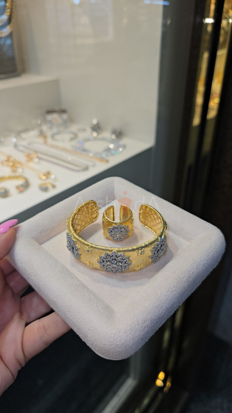 ست دستبند و انگشتر زنانه بوچلاتی با آبکاری طلا و نگینهای زیرکونیوم مخراجی