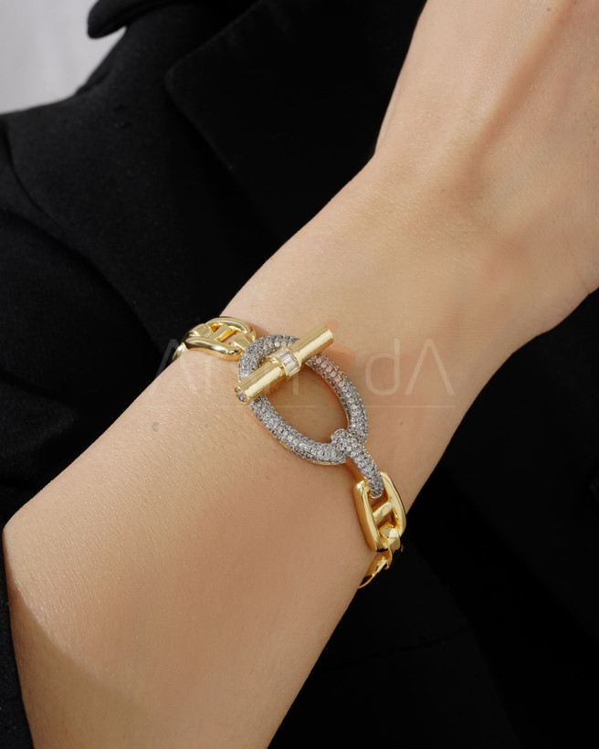 دستبند النگویی زنانه هرمس با آبکاری طلا و نگین زیرکونیوم