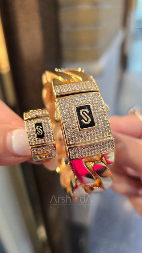 ست زنانه دستبند و انگشتر موناکو با نگین زیرکونیوم و آبکاری طلا ۱۸ عیار
