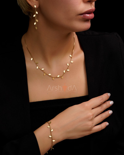 ست زنانه طرح برگ آبشاری رنگ طلایی با آبکاری طلا ۱۸ عیار