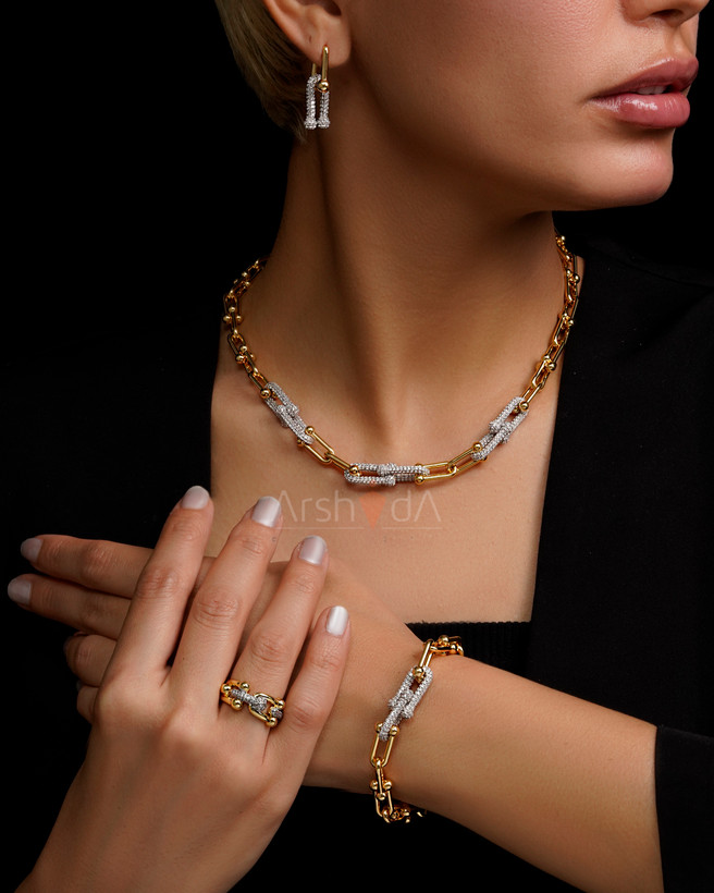 سرویس گردنبند، دستبند، گوشواره و انگشتر تیفانی با آبکاری طلای ۱۸ عیار و رنگ ثابت