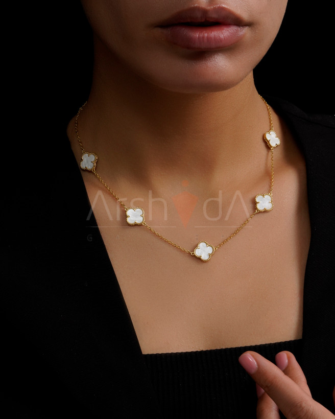 ست گردنبند و دستبند زنانه ونکلیف مدل Alhambra با سنگ صدف طبیعی و آبکاری طلا ۱۸ عیار مسترکوالیتی