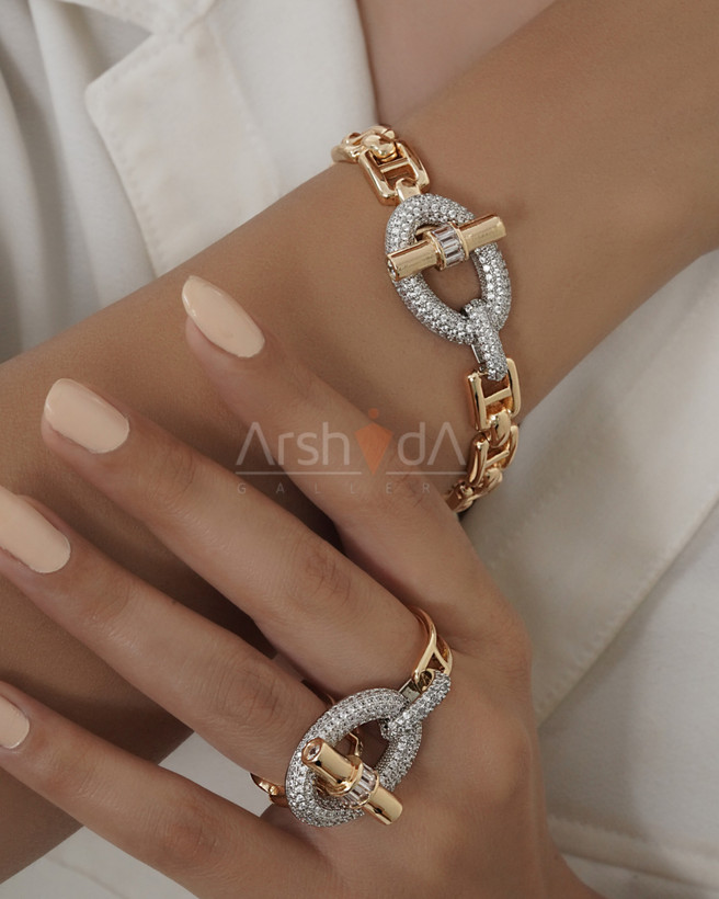 ست زنانه دستبند زنجیری لخت و انگشتر دو حلقه رزگلد هرمس با آبکاری طلا ۱۸ عیار و رادیوم، نگینهای زیرکونیا