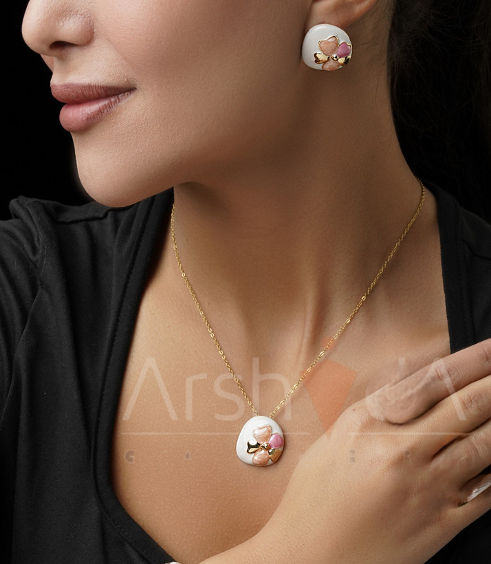 نیمست زنانه میناکاری طرح گل رز سانست مدل اورورا با رنگهای صورتی و نارنجی و آبکاری طلا ۱۸ عیار