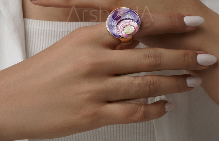 انگشتر هندسی میناکاری بنفش و صورتی