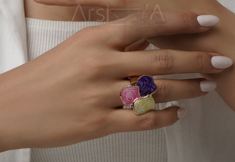 انگشتر هندسی میناکاری بنفش و صورتی