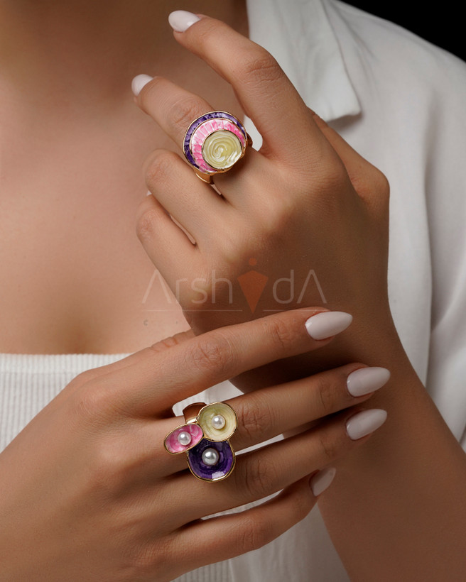 انگشتر هندسی میناکاری بنفش و صورتی