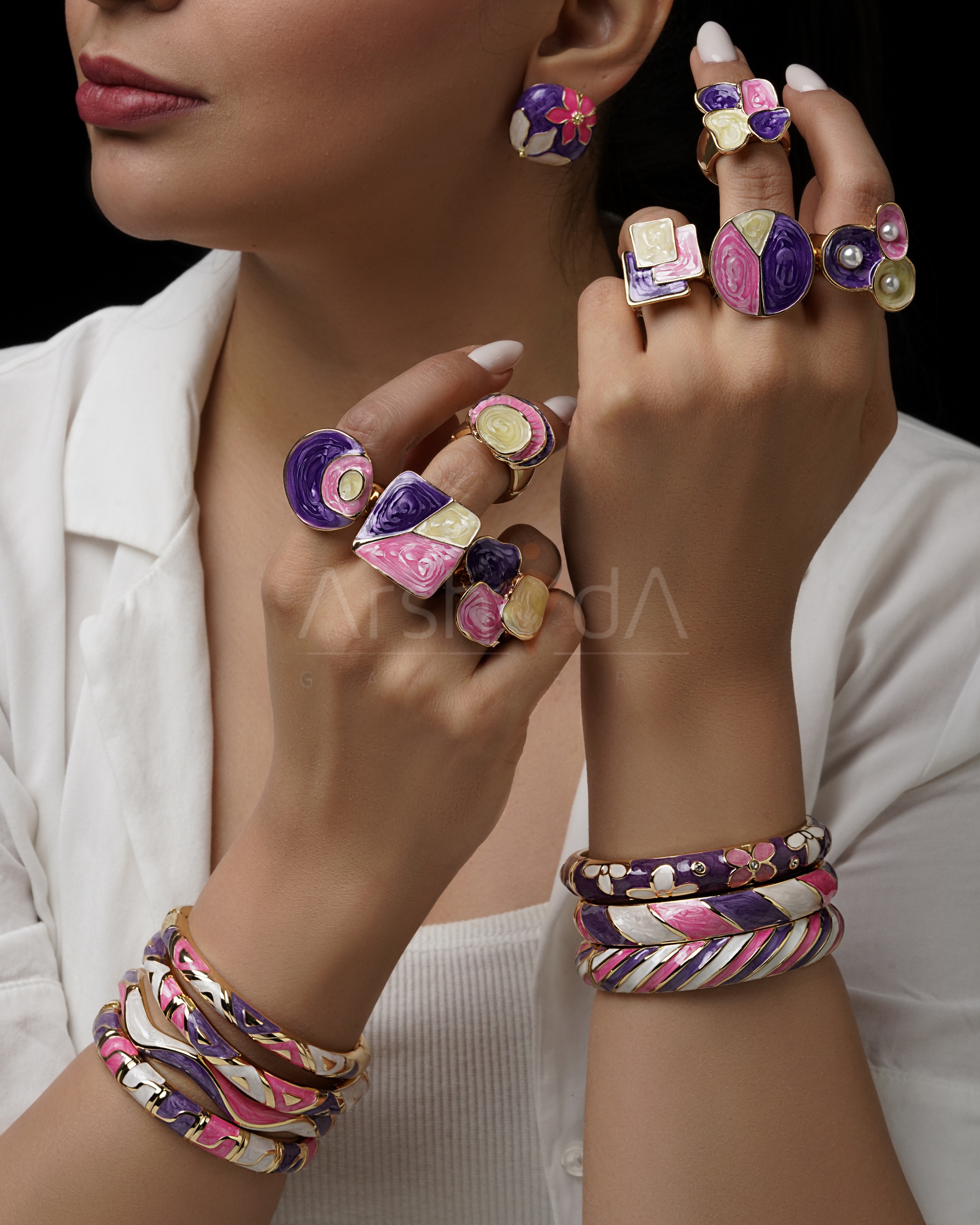 انگشتر هندسی میناکاری بنفش و صورتی