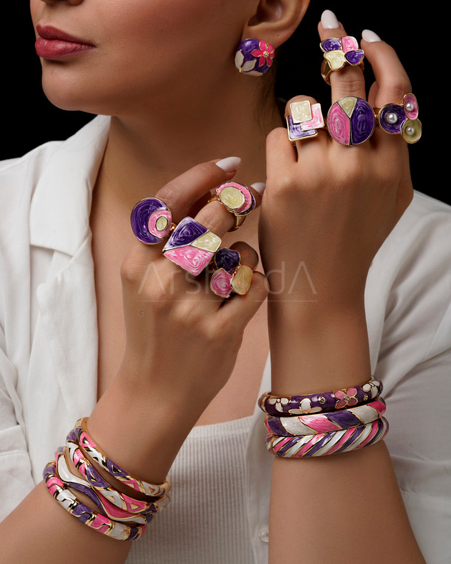 انگشتر هندسی میناکاری بنفش و صورتی