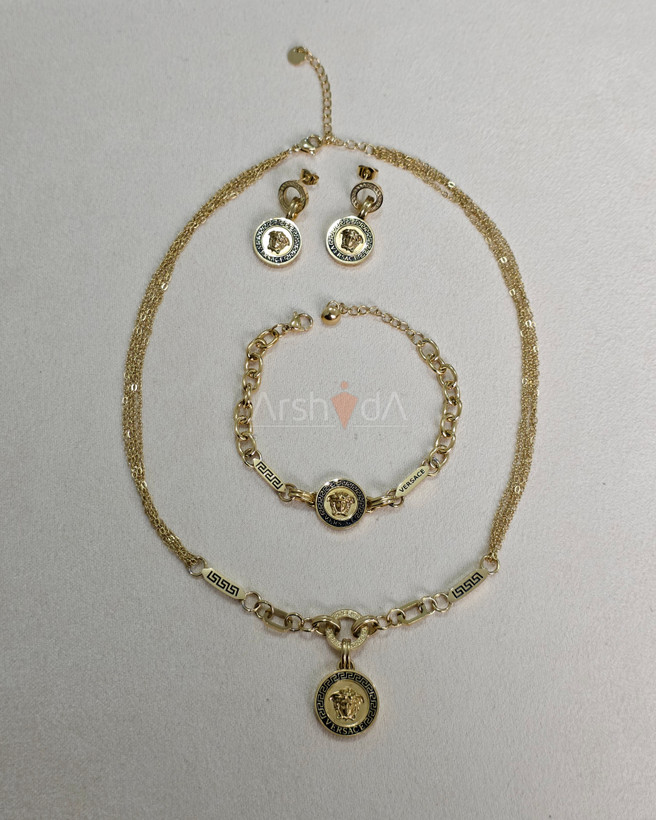 ست گردنبند، دستبند و گوشواره زنانه ورساچه با آبکاری طلا ۱۸ عیار و طرح خاص